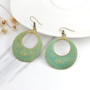 NWT Gypsy Boho Brass Green Oxidized Hoop Earrings